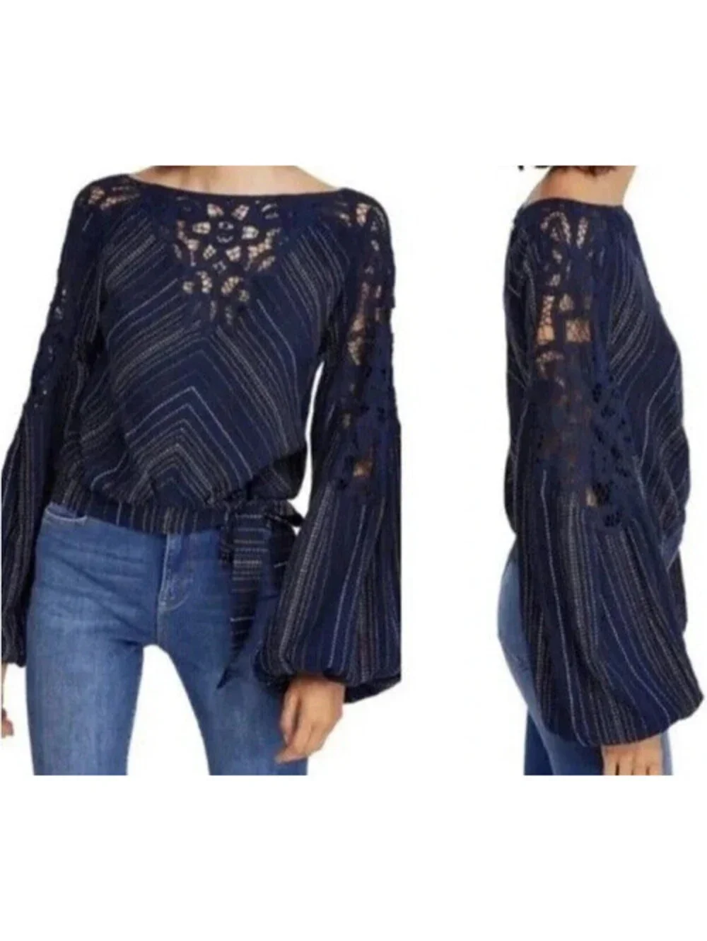 Free People Floating Memories Blouse Navy Lace Balloon Sleeve Boho Top XS